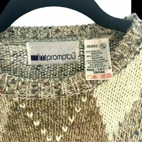 SEARS Vintage 1980's Argyle Cream Beige Tweed Knit Sweater Women's Size Medium - Picture 3 of 6